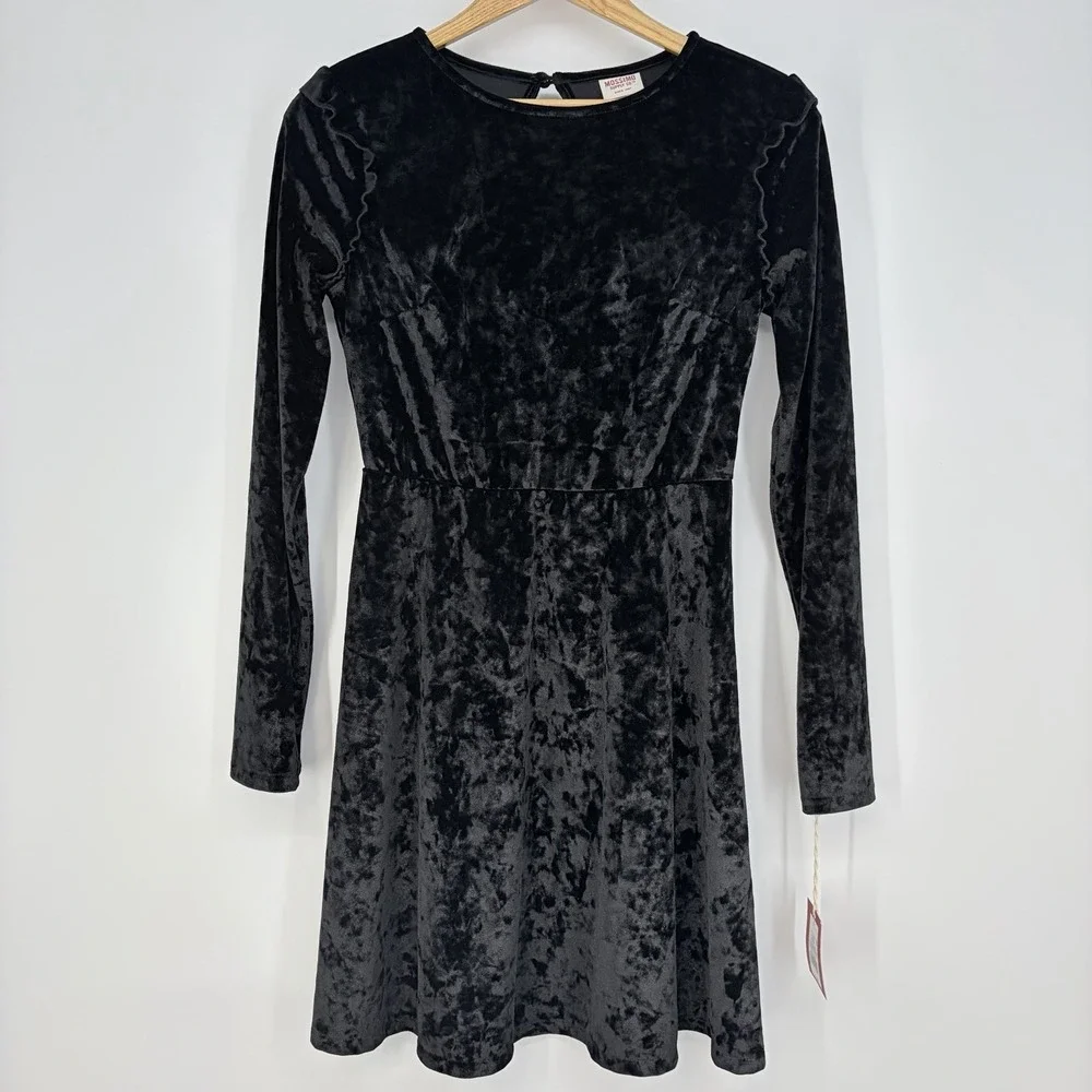 Long Sleeve Black Velvet Velour Mini Dress S Whimsigoth Dark Fairy Rocker Grunge